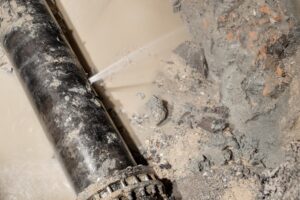 Close-up of a pipe being cleaned with high-pressure water spray, removing sediment and debris from the interior surface.
