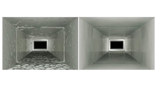 Side-by-side comparison of a dirty air duct with debris on the left and a clean air duct on the right.