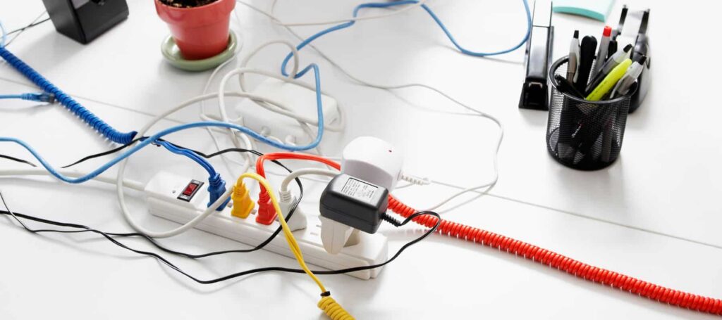 Cluttered desk with overloaded power strips, tangled cords, and multiple adapters demonstrating electrical hazards and unsafe home electrical practices.