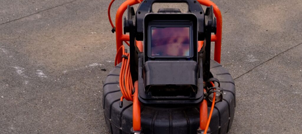 Professional sewer inspection robot with orange frame, black wheels, and mounted thermal camera on asphalt surface.