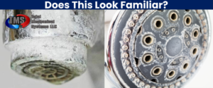 Side-by-side comparison showing mineral scale deposits on a pipe and inside a plumbing fixture with brass fittings.