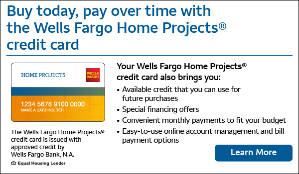 Wells Fargo Home Projects credit card offering financing options with available credit, special offers, and convenient monthly payments for home services.