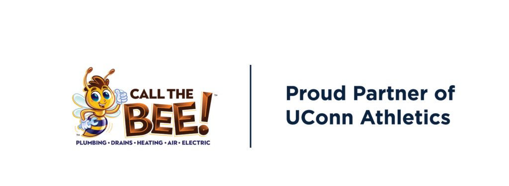 Call The Bee logo with plumbing, drains, heating, air, and electric services listed, next to text reading "Proud Partner of UConn Athletics"